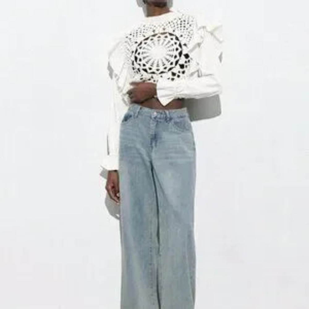 White Casual Women's Apricot Hollow Hook Flower Splicing Ruffles Tops